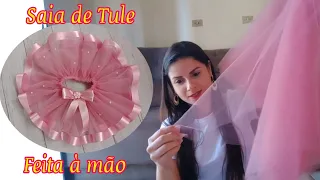 Como fazer Saia de tule sem Máquina de Costura, Fita na barra, Laço e pérolas/Feito à mão