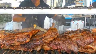 Argentina Street Food. Huge Blocks of Juicy Meat on Grill, Italy Food Fair