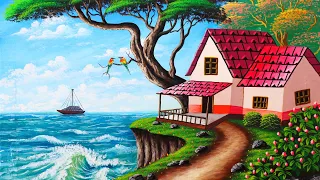 Beautiful sea village drawing and painting | painting 483