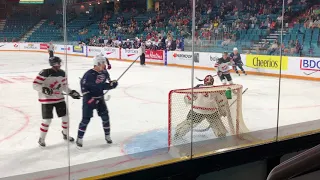 Brady Tkachuk battles Evan Bouchard at World Junior Showcase in Kamloops. B.C.