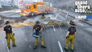 GTA 5 Firefighter Mod Chain Saw Cutting A Fallen Tree During A Bad Storm (LSPDFR Fire Callouts)