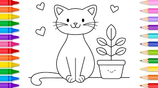 How to Draw a Cute Cat and Plant 🐱🪴Cute Cat Drawing and Coloring Page for Kids | Cat Coloring Book