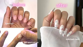 how to do gel x nails at home | l 4+ weeks lasting, beginner tutorial, milk bath nail design