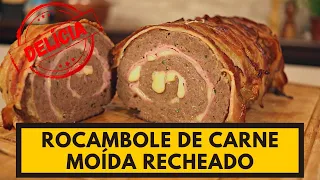 Delicioso e fácil de preparar! ROCAMBOLE DE CARNE MOÍDA COM PRESUNTO E QUEIJO