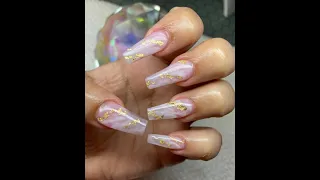 Watch me do my nails | pink marble | gold flakes | acrylic nail tutorial