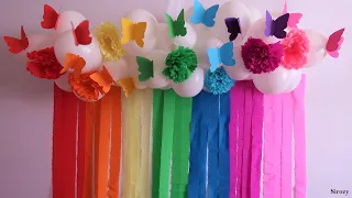 Super EASY Rainbow Theme Birthday Decoration With Butterfly | Balloon Decoration Ideas at home
