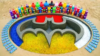 How to make Batman Logo with Cement and Orbeez, Big Coca Cola, Mtn Dew, Monster, Sodas and Mentos