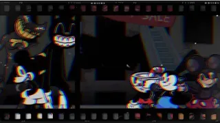 (a battle between the toons)      Oswald cuphead and mickey vs bendy cartoon cat and suicide mouse