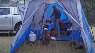 Car CAMPING in RAIN with SUV TENT