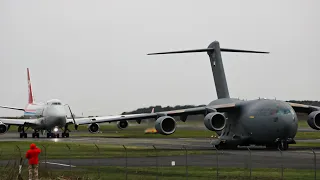 | UAE Air Force C-17 + Cargolux 747-400 | Departing Glasgow Prestwick Airport simultaneously