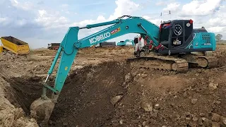 Satisfying Excavator Huge Digging Loading Dirt On Dump Truck Excavator KOBELCO, HITACHI, KOMATSU..