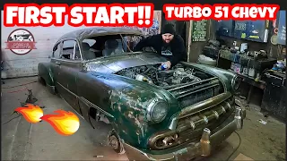 FIRST START ON TURBOCHARGED 1951 CHEVY RAT ROD! WILL IT RUN?!? CHEAP BUDGET BUILD HOT ROD FIRES UP!