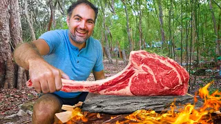 I grilled tomahawk steak on a rock in the jungle!