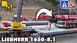 Amazing heavy lifting crane changing its telescopic boom on highway Liebherr 1650-8.1