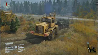 Кировец К-700 спасает КраЗ 255 без топлива из чащи леса . Spintires MudRunner