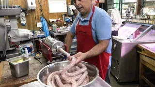 Making Italian "Salsiccia" Sausages in London. Seen in the Street Market. Street Food