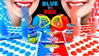 ASMR BLUE VS RED FOOD, WARHEADS PUCKER PACKS, GUMMY ROLLS, SOUR WAX BOTTLES CANDY BUTTONS, PIXY STIX