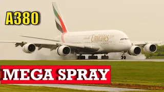 Spectacular Mega Spray Airbus A380 landing on wet runway