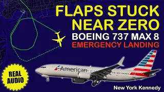 “FLAPS STUCK NEAR ZERO”. American Boeing 737 MAX 8 has problems at New York Kennedy. Real ATC