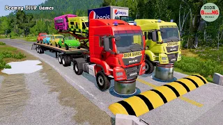 Double Flatbed Trailer Truck vs speed bumps|Busses vs speed bumps|Beamng Drive|501