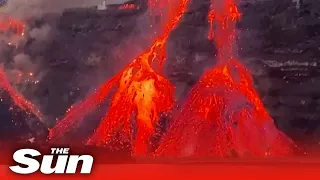 La Palma volcano streams lava into Atlantic Ocean in drone footage
