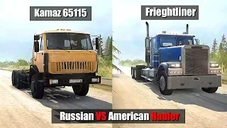 Spintires Mudrunner Freightliner vs Kamaz 65115  American vs Russian hauler