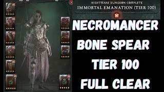 Diablo 4 - Nightmare Dungeon T100 Bone Spear Necromancer 7 Minutes FULL CLEAR! (Immortal Emanation)