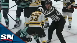 Bruins' Brad Marchand Delivers Slew Foot On Kraken's Oliver Bjorkstrand Amid Scrum After Whistle