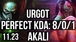 URGOT vs AKALI (TOP) | 8/0/1, 7 solo kills, Legendary, 400+ games, 900K mastery | NA Master | 11.23