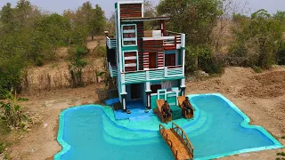 Build A Pretty Swimming Pool In Front of 3-Story Modern Mud House By Primitive Skill Builder