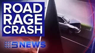 Road rage incident sees car slam into barrier on Victorian freeway | Nine News Australia