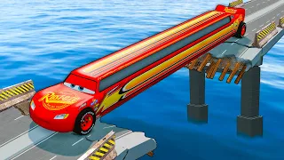 LONG Lightning Mcqueen and Pixar Cars vs STAIRS in Beamng Drive! Battle!