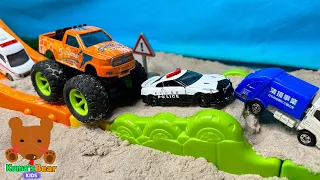 Police Car, Ambulance, Monster Truck Race on a Muddy Circuit Built by Bulldozer 【Kuma's Bear Kids】