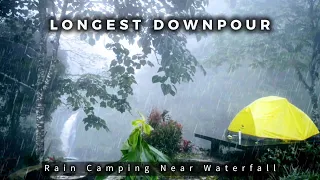 ⛈️ SOLO RAIN CAMPING near waterfall, downpour and thunder (Soothing Rain Sound)