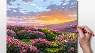 Acrylic Painting Sunset Flower Field