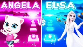 Talking Angela Vs Frozen Elsa But In Tiles Hop EDM Rush! Into The Unknown, Talking Angela Song!