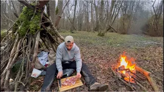 1 DAY [SOLO BUSHCRAFT SHELTER BUILD] in rain | camping survival shelter