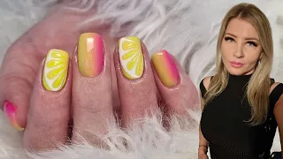 Easy Vertical ombre natural nails with lemon nail art. Fiber gel in bottle application tutorial