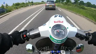 Vespa PX 200 with KTM 250 SX engine.Testride 2 on the Highway + Topspeed