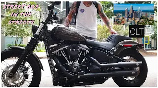 Riding the Harley Davidson Softail Street Bob in the City Streets of Charlotte.