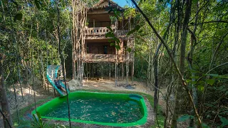 Girl Build Lovely Swimming Pool and Slide for Her Own Villa, Girl living Off The Grid