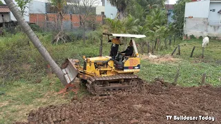 Mini Bulldozer Clearing Trees - Bulldozer D20P Clearing Land And Dump Truck In Village