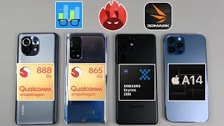 Snapdragon 888 vs Snapdragon 865 vs Exynos 2100 vs A14 Bionic | Geekbench 5, Antutu, 3DMark
