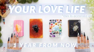 Your Love Life EXACTLY 1 Year From Now🔒(Taken OR Single?)💜In-Depth LOVE Tarot Reading✨PICK A CARD🔮