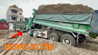 Ô tô siêu khủng Howo chở 50 khối cát đổ ben cực khoẻ | Máy xúc komatsu múc cát | Công nông chế