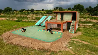 (Full Video) How To Build  Beautiful Two Story Hybrid Villa And Swimming Pool With Twin Water Slide