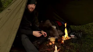 UK Solo Bushcraft Wildcamp - Steak Dinner in the woods under a canvas Lavvu tent in the rain.