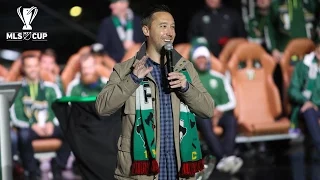 Portland Timbers players, Caleb Porter and Merritt Paulson speak at the MLS Cup rally