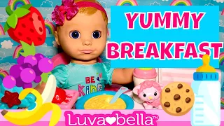 🍓Luvabella's Yummy Breakfast & Morning Routine! 🍼🍪Unboxing New Baby Basiczz Doll Feeding Chair!🎁