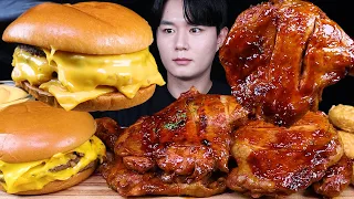 자메이카통다리 트리플 치즈버거 치킨 먹방ASMR MUKBANG TRIPLE CHEESEBURGERS & SPICY BBQ CHICKEN チキンチーズバーガー eating sounds